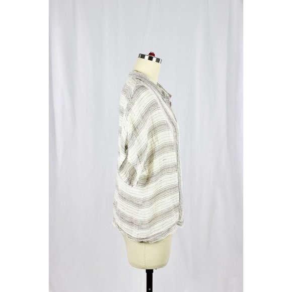 POLDER Spencer White Black Striped Linen Gauze Mandarin Collar Blouse, Size 42 - Picture 4 of 13